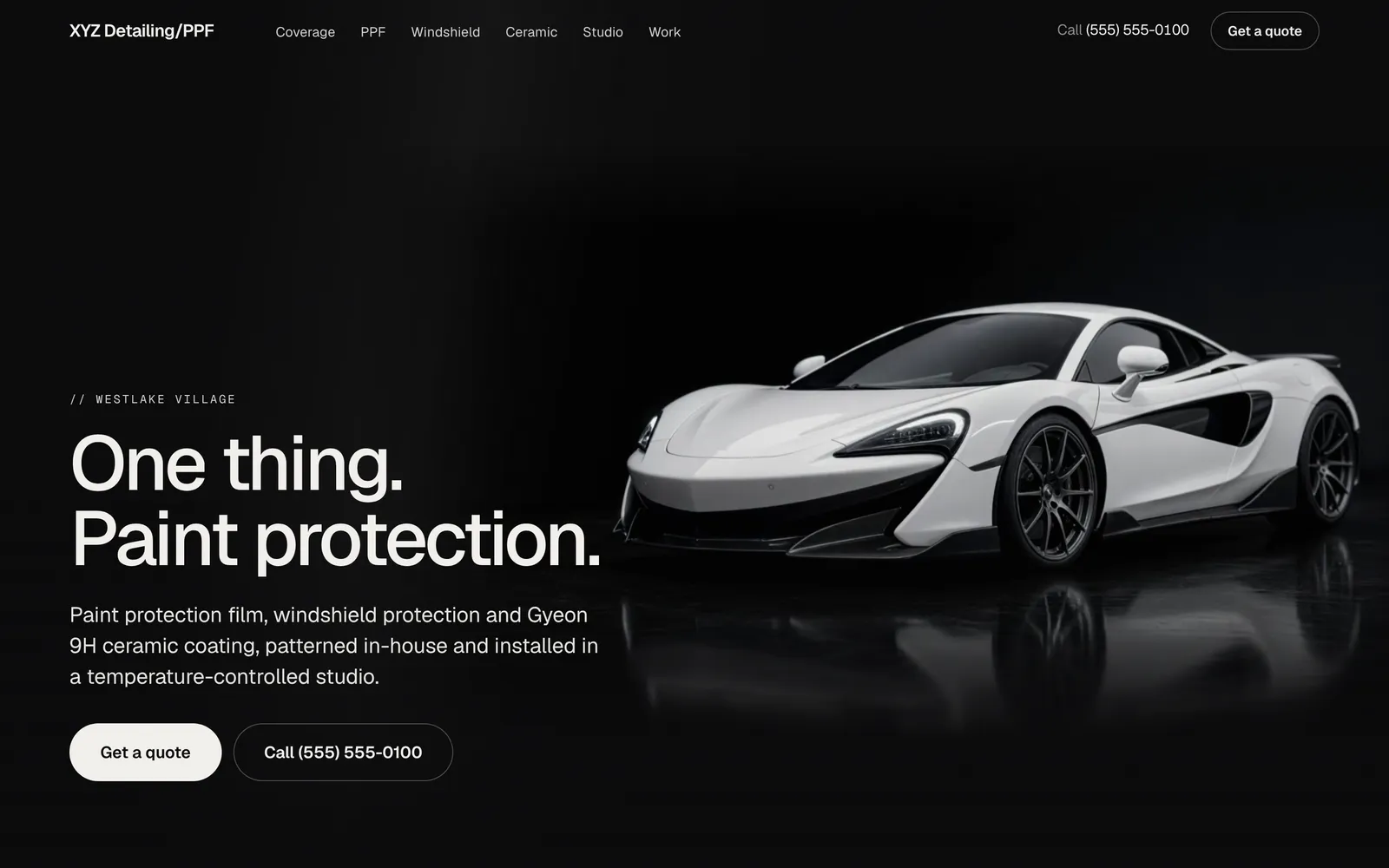 The XYZ Detailing example site on a laptop: a white sports car and the headline One thing. Paint protection.